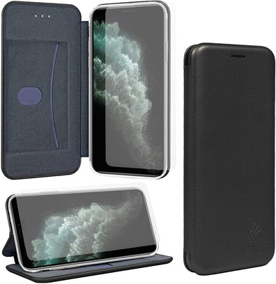 Gorilla Tech UK iPhone XS Max 6.5" PU Leather Case and Screen Protector Tempered Glass Wallet ID Card Holder Magnetic Closure Stand Curved Slim Flip Cover Black
